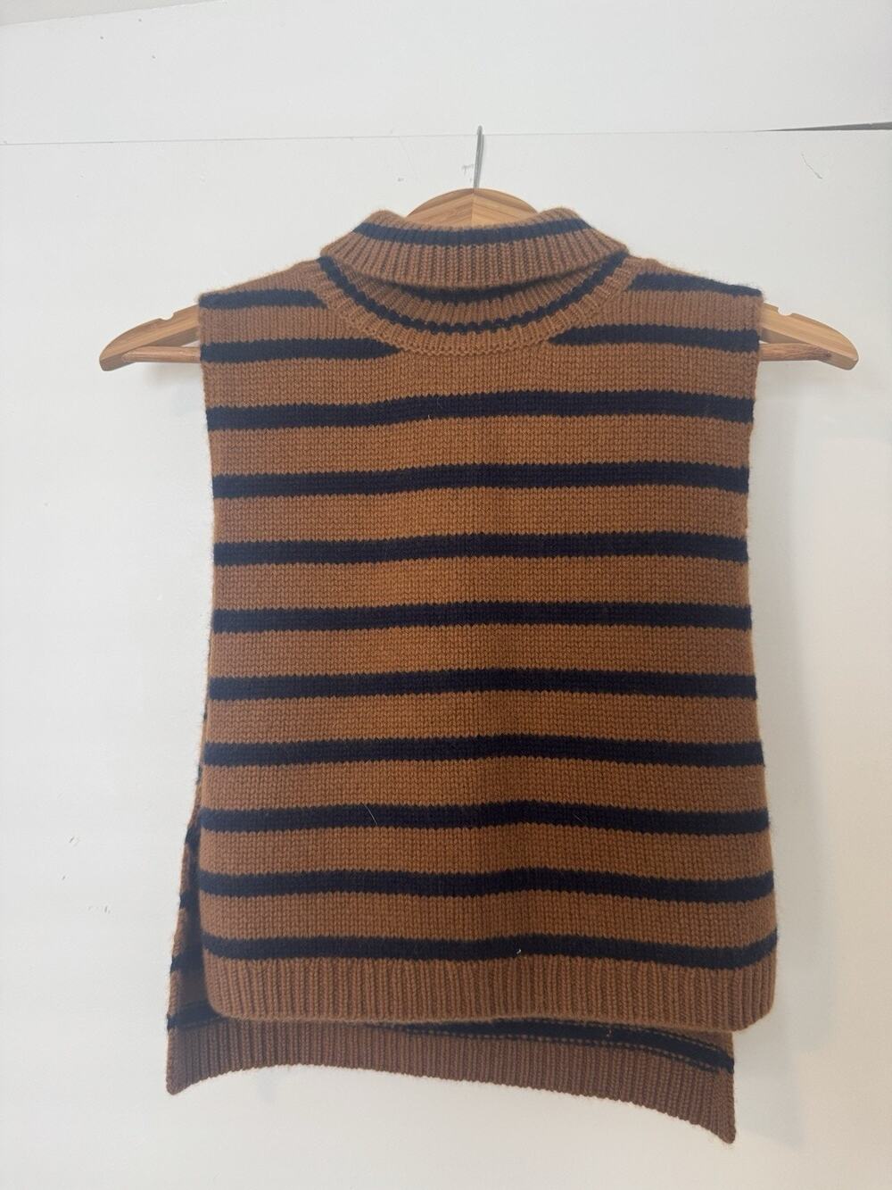 LISA YANG 100% Cashmere Pullover Sweater Brown Black Striped Sleeveless Mock Ne…